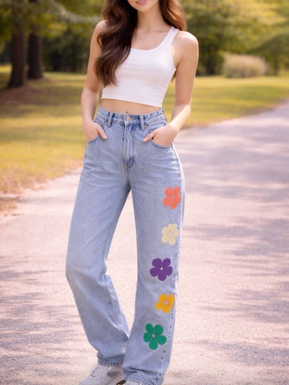 Light Blue Men’s Jeans with Clover Embroidery